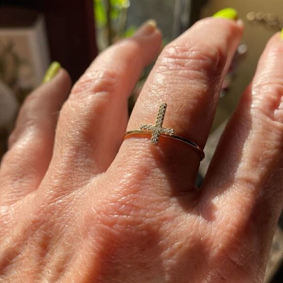 Cross Yellow Gold Sterling Silver Ring - Picture 7 of 7